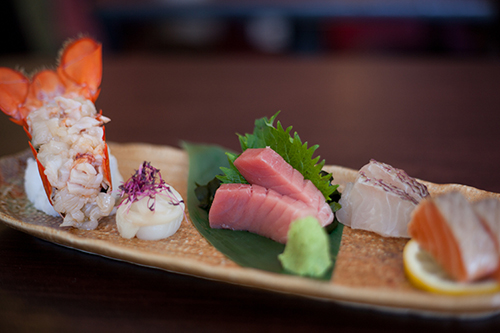 omakase sashimi plate (From L to R Raw Maine Lobster Tail, Hotate, h-toro, Tai, Wild Alaskan King Salmon Toro) 