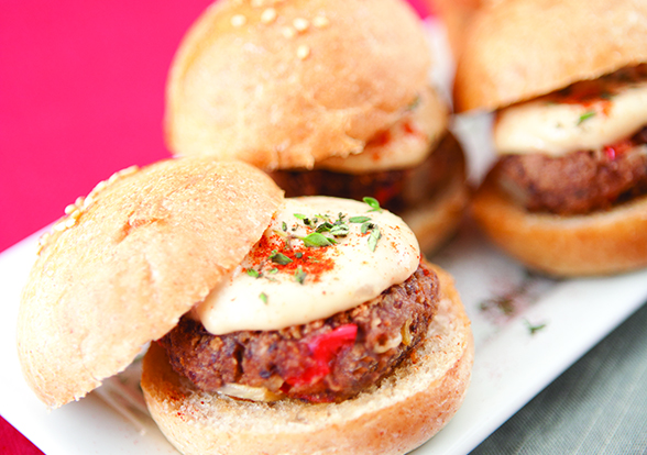 Southwest black bean and corn mini burgers with a smokey paprika cashew cheese