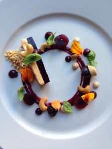 Cherry, Cashew, Foie Gras, Basil Foie Gras Torchon, Cherry Pure, Pickled Cherries, Confi Cashew, Cashew Prailine, Cashew Crumble