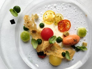 Flavours of Chevre Focaccia Chips, Gaspazo Sorbet, Basil Pure, Olive and Balsamic Gel, Concasse Tomatos