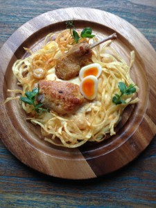 Quails Nest Seared Brest on the Bone, Confi Leg, Smoked Egg, Crispy Potato Nest, Smoked Potato Pure, Roasted Garlic Pure