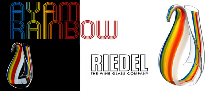 A "cocky" rainbow decanter by Riedel for Elton John AIDS Foundation