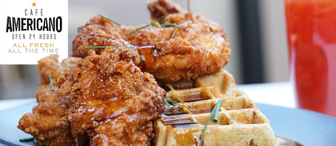 Cafe Americano's – FRIED CHICKEN AND BLUE CORN WAFFLE