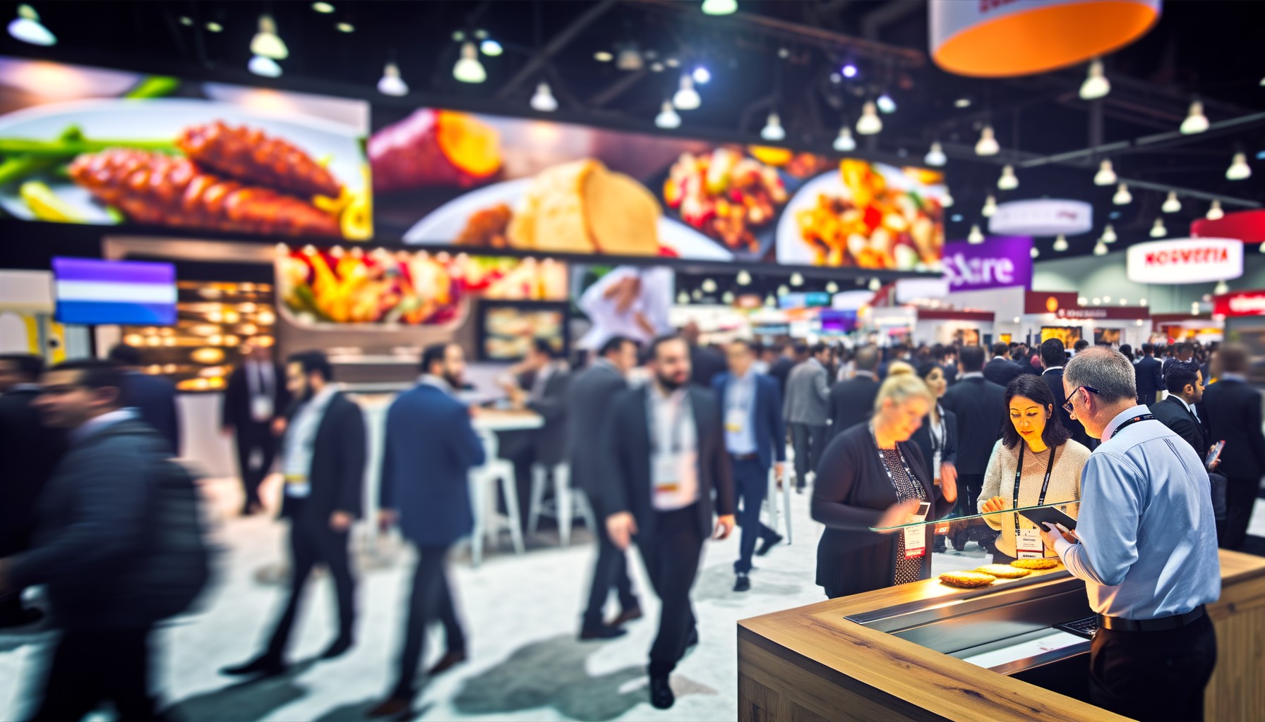Trade show booth showcasing foodservice products with attendees interacting.
