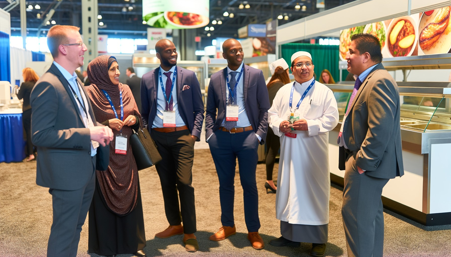 Foodservice professionals networking at a trade show event.