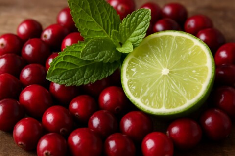 fresh mint leaves and cranberries, garnished with a lime wedge.