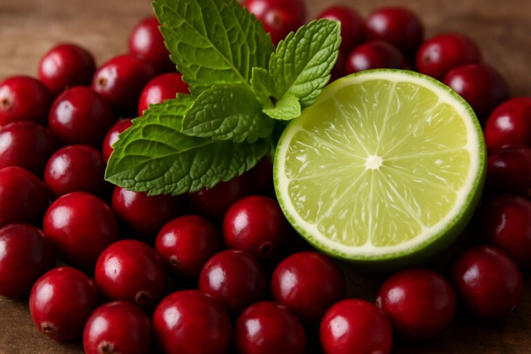 fresh mint leaves and cranberries, garnished with a lime wedge.